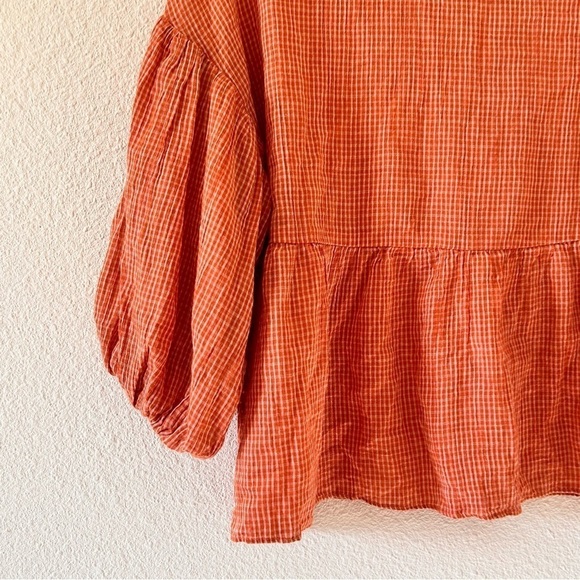 ON BLUE Women Small Boho Bell Sleeve Button Up Cottage Core Oversized Gingham - Picture 12 of 13